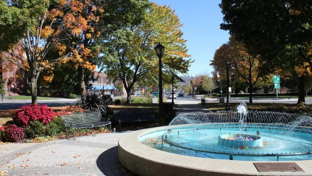 Downtown Pittsfield, Massachusetts park with fountain and seating area near recovery resources and community amenities