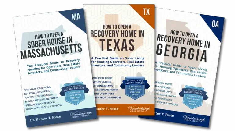 Three “Opening Doors to Recovery Housing” books by Dr. Hunter T. Foote featuring state-specific guides.