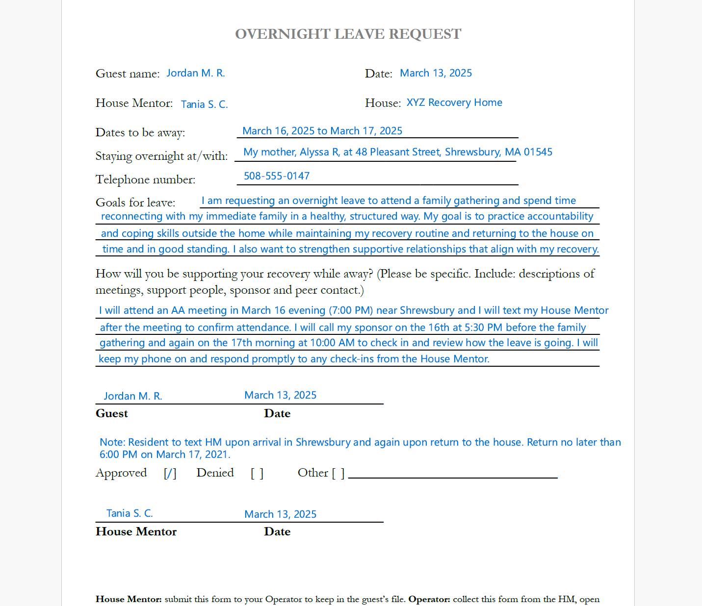 Overnight Leave Request Form preview