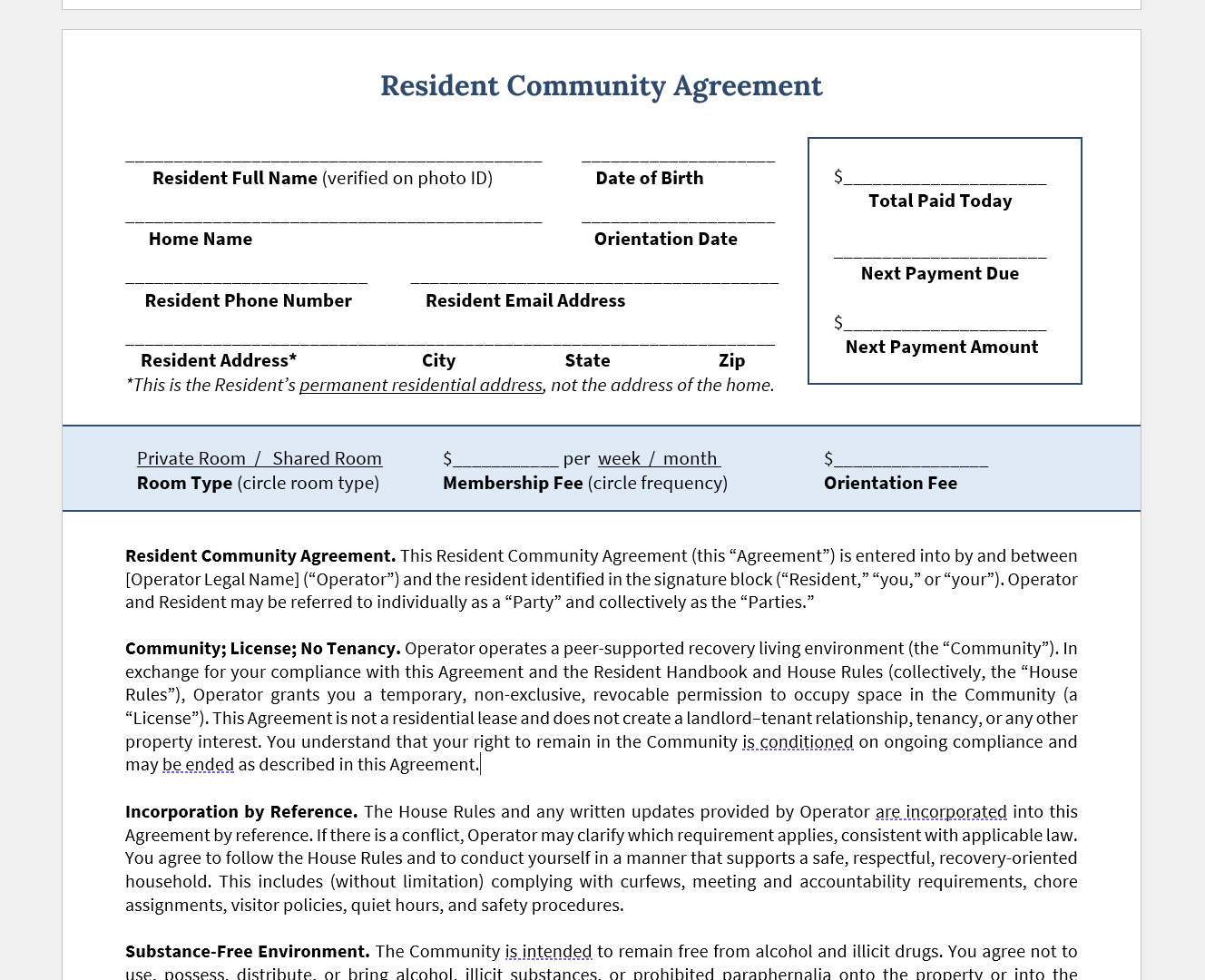 Resident Agreement preview