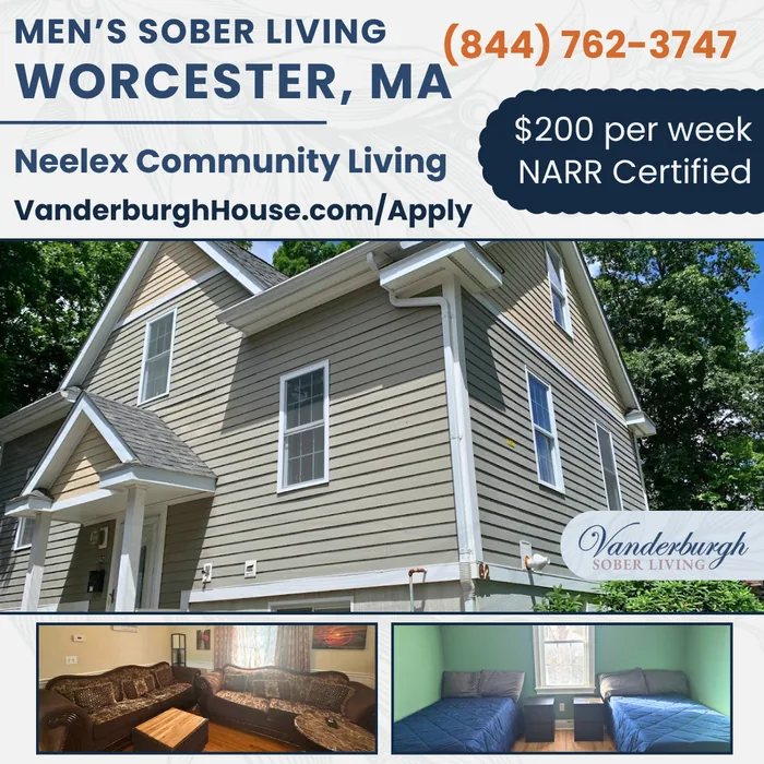 Social post graphic for Neelex Community Living, men's sober living in Worcester, Massachusetts