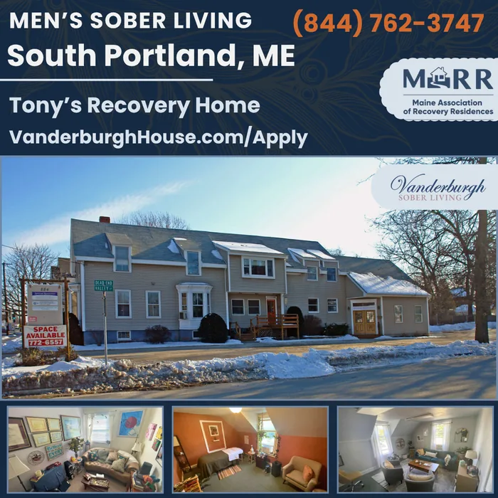 Social post graphic for Tony's Recovery Home, men's sober living in South Portland, Maine