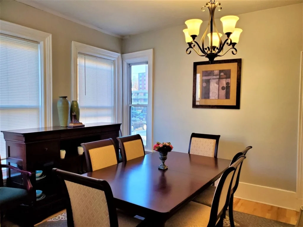 Dining room with a long table