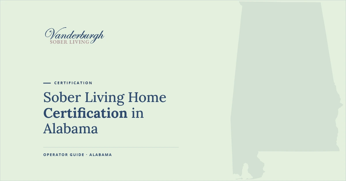 How to Certify a Sober Living Home With AARR in Alabama — Vanderburgh Sober Living guide graphic with Alabama state outline