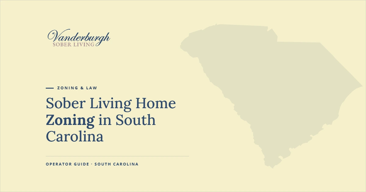 South Carolina Zoning, Fair Housing, and Land Use Laws for Sober — Vanderburgh Sober Living guide graphic with South Carolina state outline