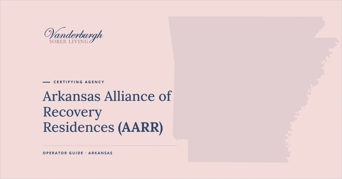 The Arkansas Alliance of Recovery Residences (AARR) — Vanderburgh Sober Living guide graphic with Arkansas state outline
